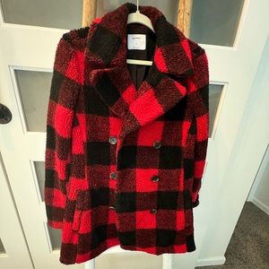Long plaid teddy/sherpa pea coat